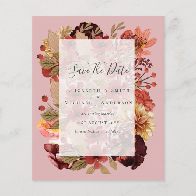 Fall Floral Wedding - Burgundy Orange BUDGET Flyer (Front)