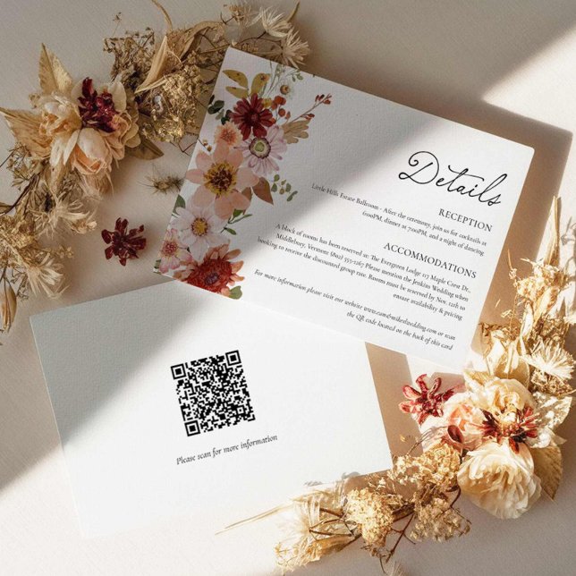 Fall Floral Wedding Details Card with QR Code (Fall Wildflower Country Wedding Details Card)
