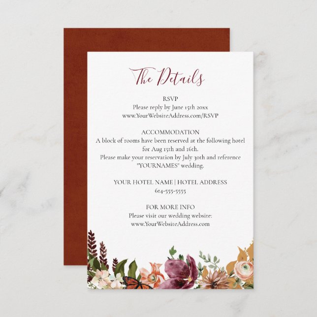 Fall Floral Wedding Details Enclosure Card (Front/Back)
