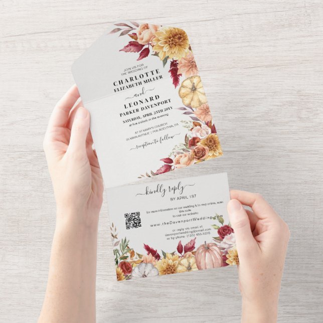Fall Floral Wedding Qr code Rsvp All In One Invitation (Tearaway)