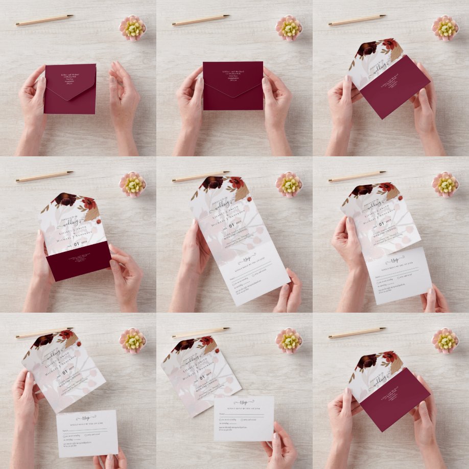 Fall Floral Wedding Suite Terracotta Burgundy Red All In One Invitation