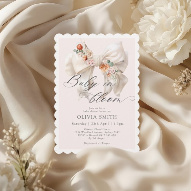 Fall Floral White Bow Baby in Bloom Baby Shower Invitation (Creator Uploaded)