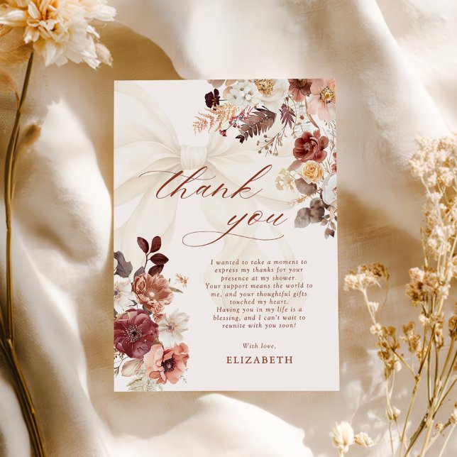 Fall Floral White Bow Bridal Shower Thank You Card (Creator Uploaded)