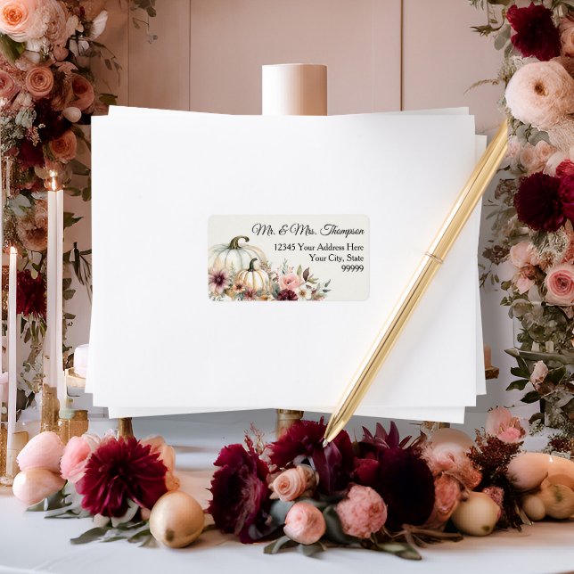 Fall Floral White Pumpkin Burgundy Return Address Label (Creator Uploaded)