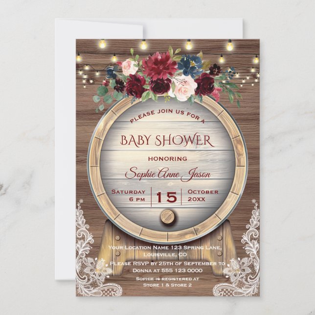 Fall Floral Wine Barrel Vineyard Baby Shower Invitation (Front)