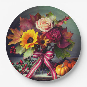 Fall Floral with Bow, 9" Round Paper Plates