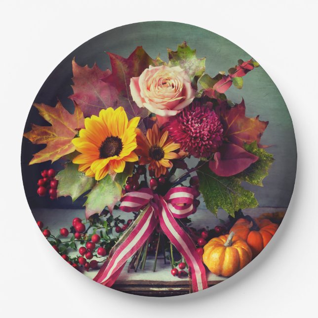 Fall Floral with Bow, 9" Round Paper Plates (Front)