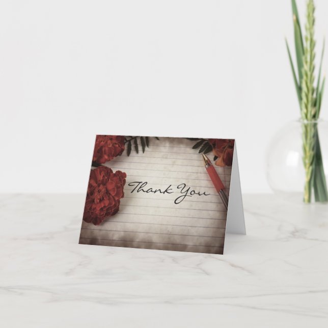 Fall Floral with Pen and Paper Wedding Thank You Card (Front)
