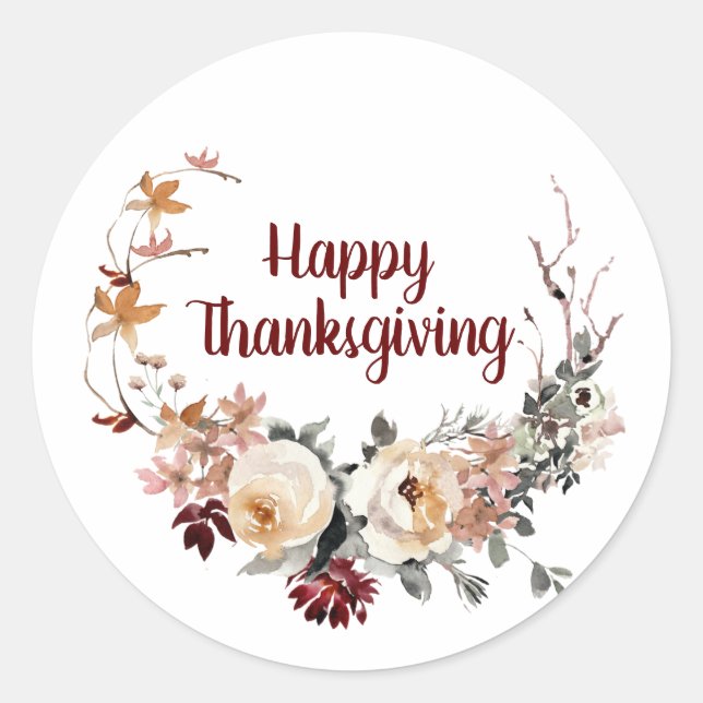 Fall Floral Wreath Happy Thanksgiving Classic Round Sticker (Front)