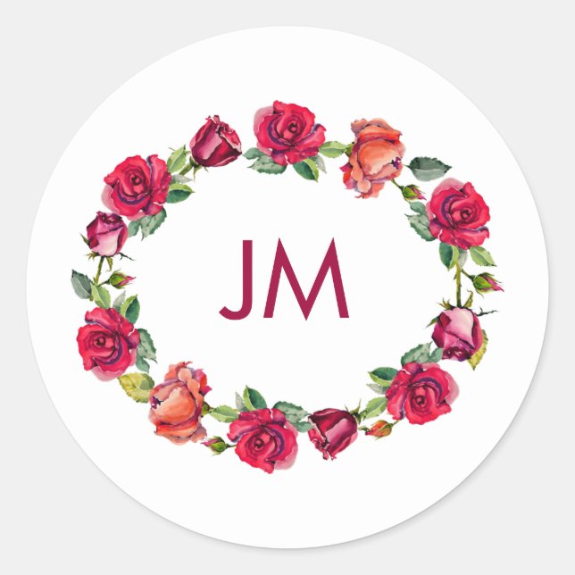 Fall Floral Wreath Monogram Wedding Classic Round Sticker (Front)