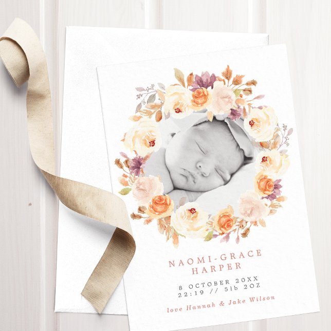 Fall Floral Wreath Terracotta & Purple Photo Birth Announcement (Creator Uploaded)