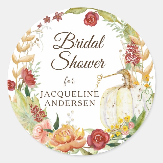 Fall Floral Wreath White Pumpkin Bridal Shower Classic Round Sticker (Front)