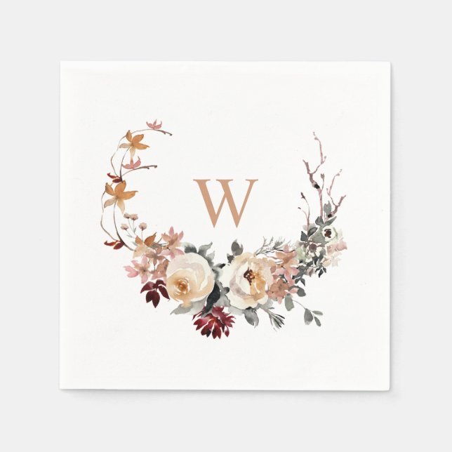 Fall Floral Wreath with Your Monogram Napkin (Front)