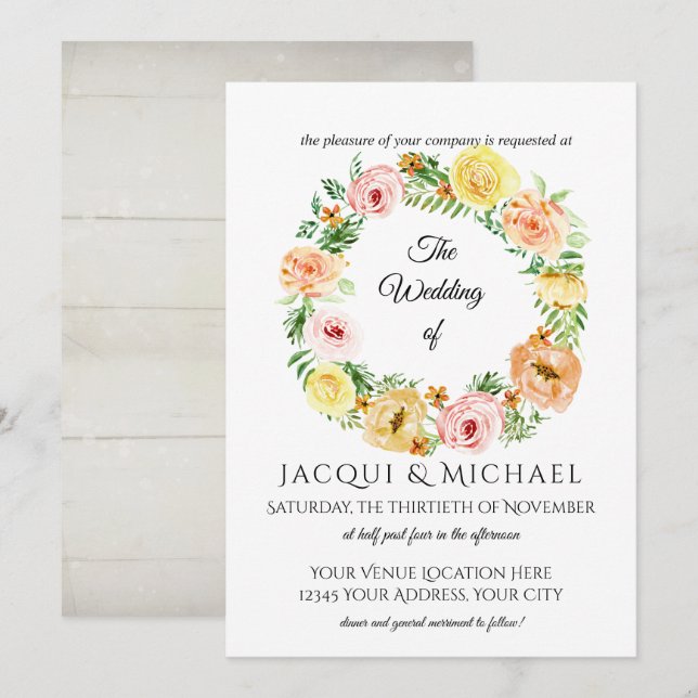 Fall Floral Yellow n Peach Roses w Foliage Wreath Invitation (Front/Back)