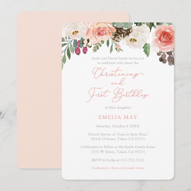 Fall Florals Girl Christening 1st Birthday Party Invitation (Front/Back)