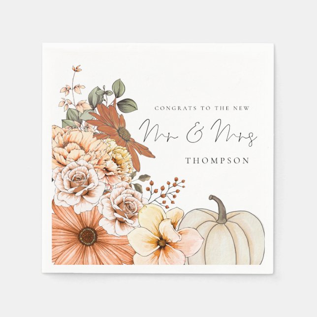 Fall Florals Pumpkin Congrats Mr Mrs Wedding Napkin (Front)