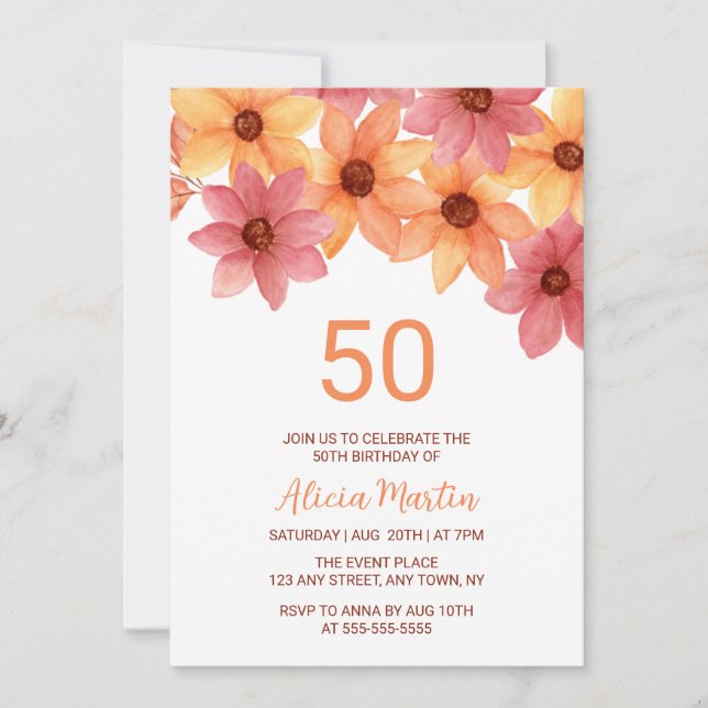 Fall Flower Any Age Orange Burgundy Birthday Invitation (Front)