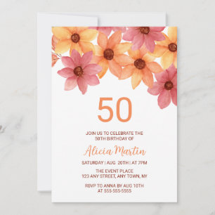 Fall Flower Any Age Orange Burgundy Birthday Invitation