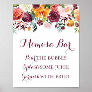 Fall Flower Mimosa Bar Sign Poster, Orange Pink