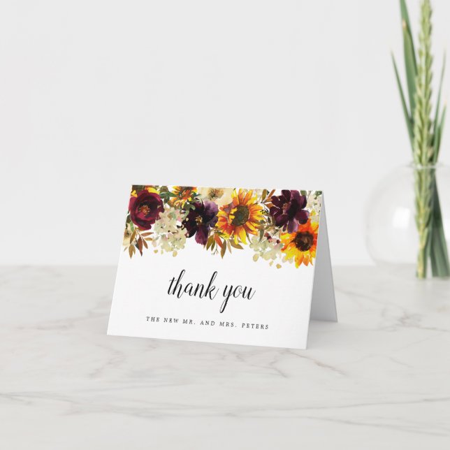 Fall Flower Sunflower Floral Wedding Photo Thank Y Thank You Card (Front)