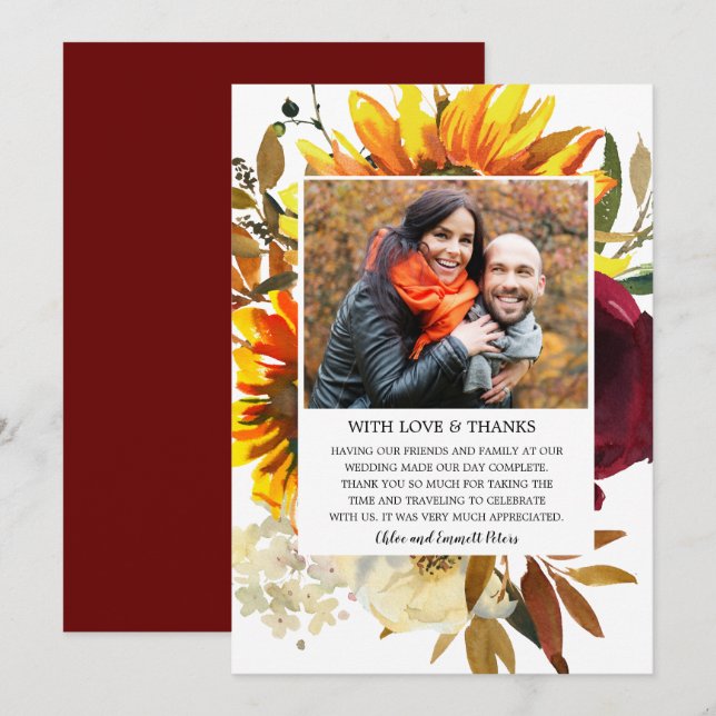 Fall Flower Sunflower Floral Wedding Photo Thank You Card (Front/Back)