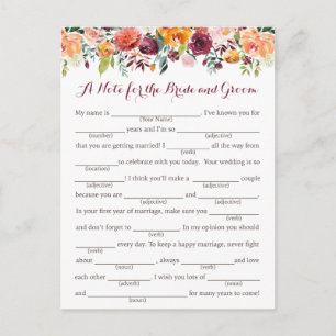 Fall Flower Wedding Advice Cards, Orange Pink Postcard