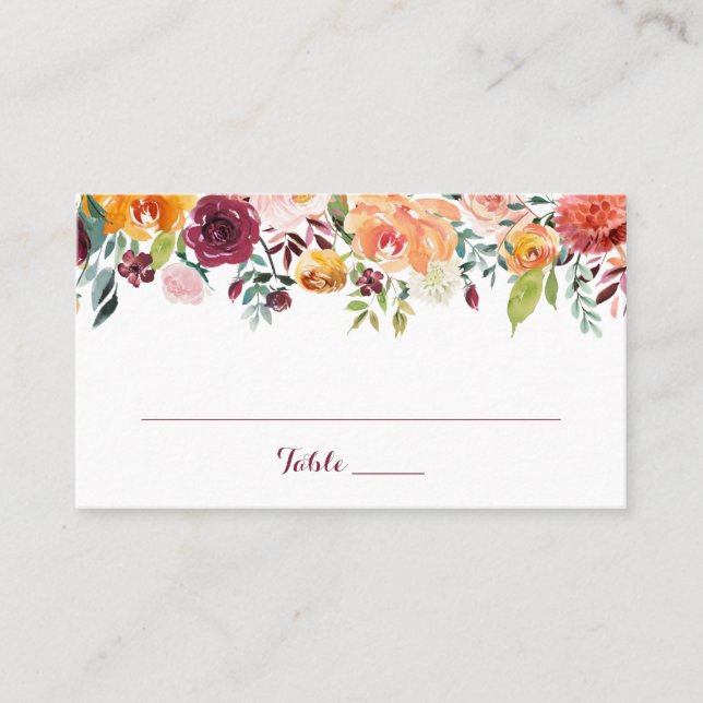 Fall Flower Wedding Flat Place Card, Orange Pink Place Card (Front)