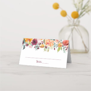 Fall Flower Wedding Folded Place Cards Orange Pink