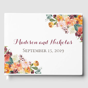 Fall Flower Wedding Guest Book, Orange Pink Guest Book
