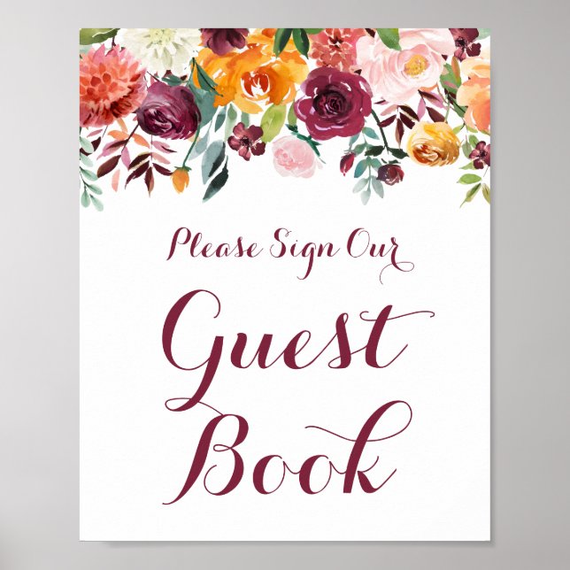 Fall Flower Wedding Guest Book Sign Poster (Front)