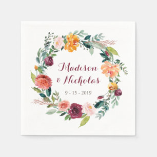 Fall Flower Wedding Napkins, Orange Maroon Pink Napkin