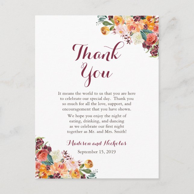 Fall Flower Wedding Place Setting Thank You Cards (Front)