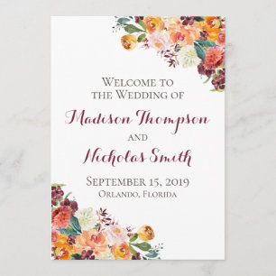 Fall Flower Wedding Program Cards, Orange Burgundy Programme