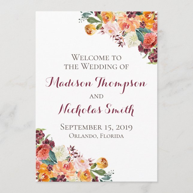 Fall Flower Wedding Program Cards, Orange Burgundy Programme (Front)