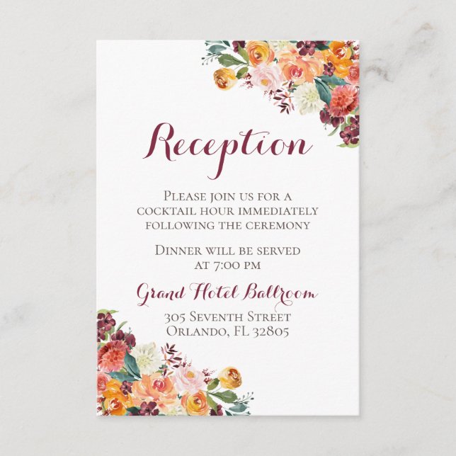 Fall Flower Wedding Reception Cards, Orange Maroon Enclosure Card (Front)