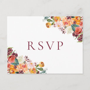 Fall Flower Wedding RSVP Postcards, Orange Maroon Postcard