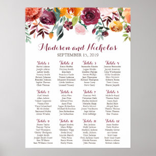 Fall Flower Wedding Seating Chart, Orange Pink Poster