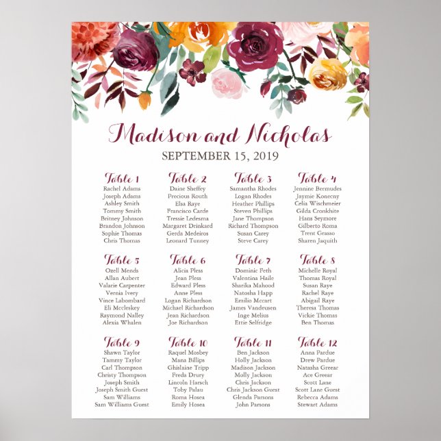 Fall Flower Wedding Seating Chart, Orange Pink Poster (Front)