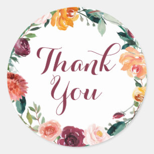 Fall Flower Wedding Stickers Thank You Orange Pink