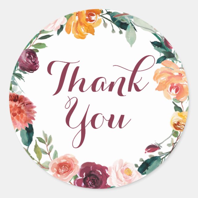 Fall Flower Wedding Stickers Thank You Orange Pink (Front)