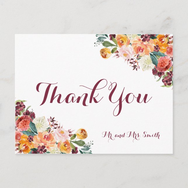 Fall Flower Wedding Thank You Postcards, Orange Postcard (Front)