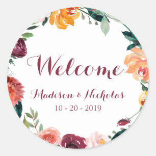 Fall Flower Wedding Welcome Stickers Orange Maroon