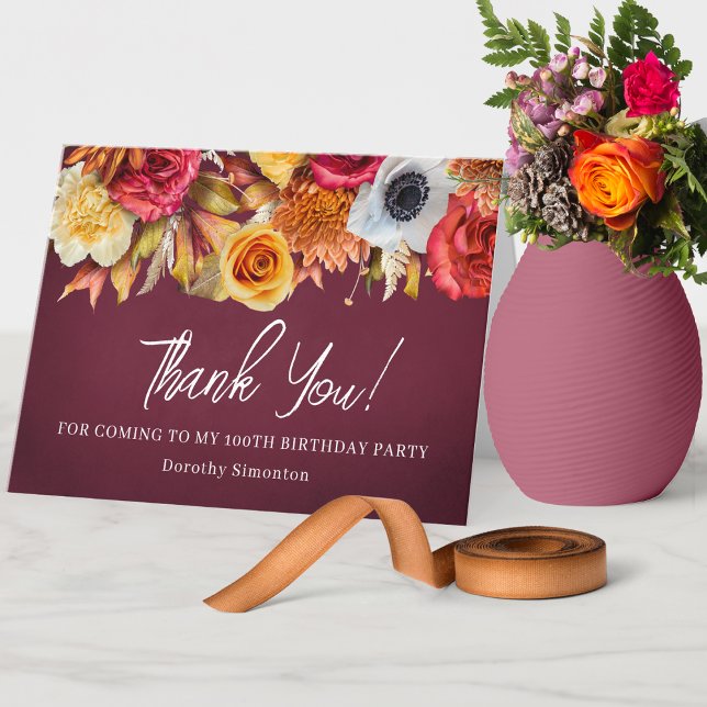 Fall Flowers 100th Birthday Folded Thank You Card (Beautiful way to say thank you this fall. Burgundy background with earth tone flowers and white text)