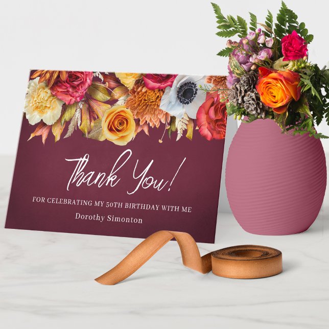 Fall Flowers 50th Birthday Folded Thank You Card (Lots of matching items available. Message me for help finding them!)