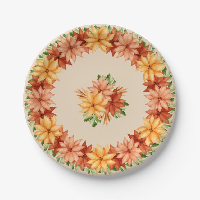 Fall Flowers and Leaves Paper Plate (Front)