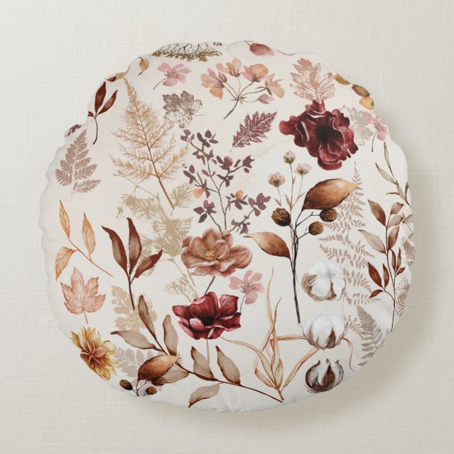 Fall Flowers and Leaves Watercolor Round Cushion (Front)