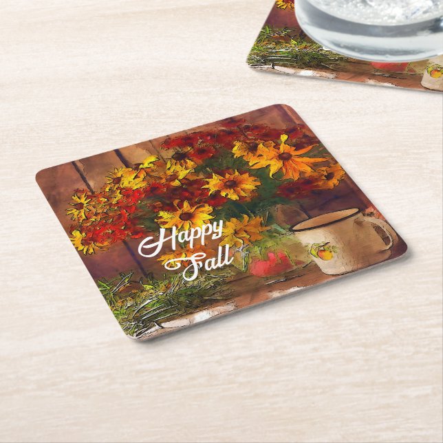 Fall flowers and mug with customisable text  square paper coaster (Angled)