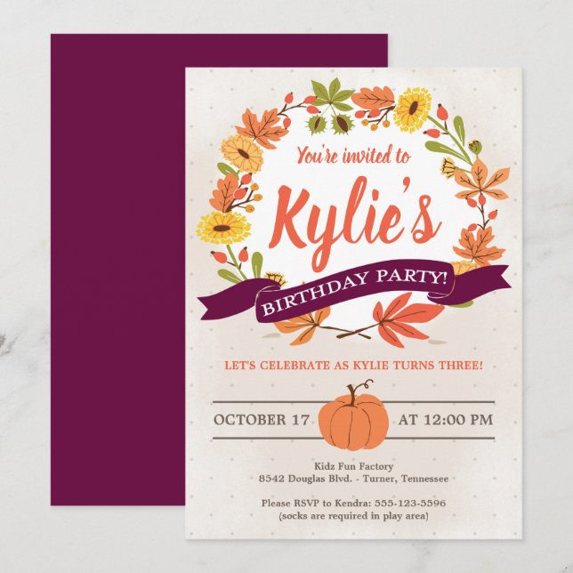 Fall Flowers and Pumpkin Birthday Party Invitation (Front/Back)