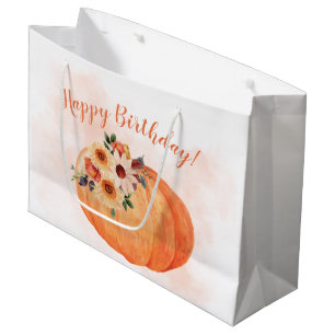 Fall Flowers and Pumpkin Happy Birthday Large Gift Bag