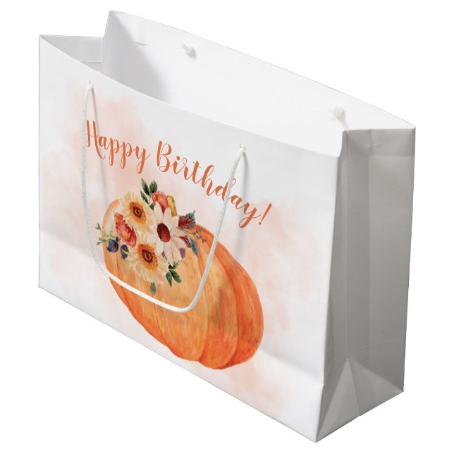 Fall Flowers and Pumpkin Happy Birthday Large Gift Bag (Front Angled)